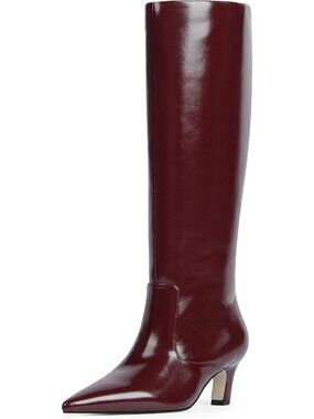 Women Pointed Toe Kitten Low Heel Faux Leather Long Boots Side Zipper Burgundy